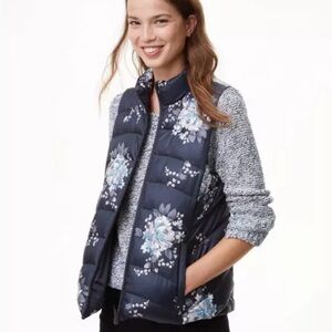LOFT Petite Floral Blue Puffer Zip Vest XSP